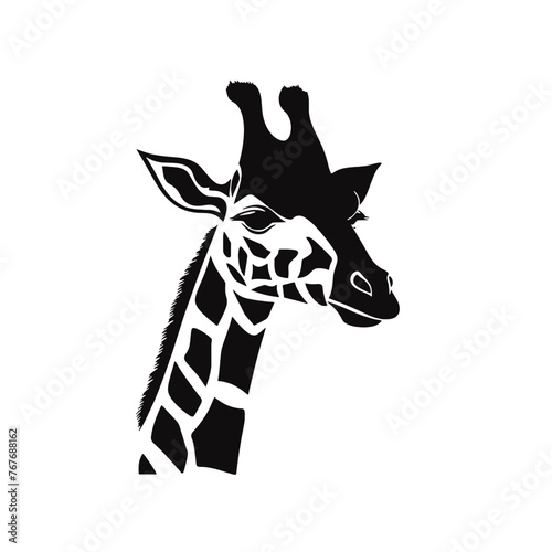 Fototapeta Naklejka Na Ścianę i Meble -  Black silhouette of giraffe head and neck on white background. Vector african animal, isolated icon with giraffe animal face in simple style, decal, sticker. Concept for savannah safari, tattoo, zoo