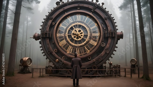 A person standing in front of a large Old fashioned clockworks in the steampunk industry at forest