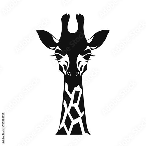 Black silhouette of giraffe head and neck on white background. Vector african animal, isolated icon with giraffe animal face in simple style, decal, sticker. Concept for savannah safari, tattoo, zoo © vectorcyan