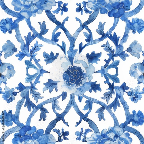 Watercolor Seamless pattern with blue and white