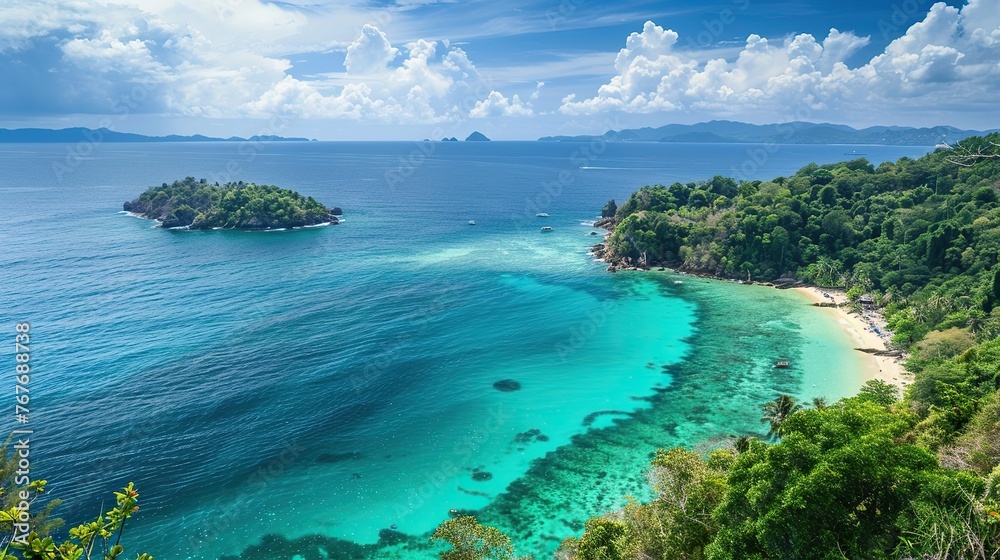 A beautiful blue ocean with a small island in the middle. The island is surrounded by a lush green forest A beautiful blue ocean with a small island in the middle. The island is surrounded by a lush green forest