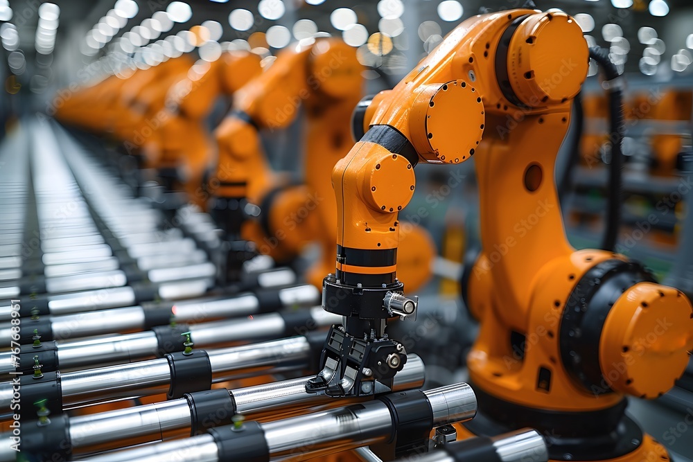 Robotic Arms Moving Along a Conveyor Belt in a Factory