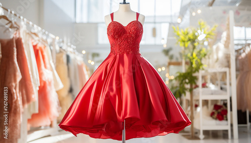 Short bridesmaid red dress on salon background. Elegant woman guest red wedding gown. Cocktail dress. Special occasion graduation attire. Festive dressy outfit. Birthday party, anniversary eveningwear