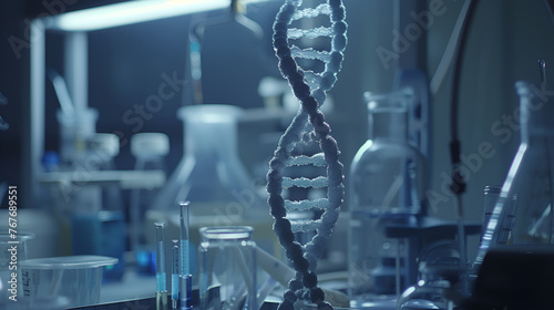 DNA double helix in chemistry lab, forensic lab, glass flasks and medical equipments, a grey science background,banner