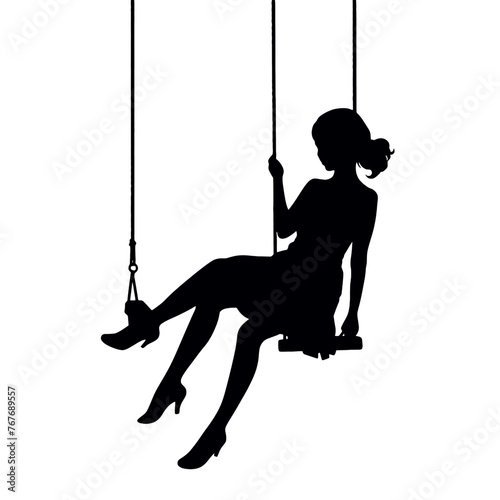 Women swinging on the swing silhouettes set vector illustration.