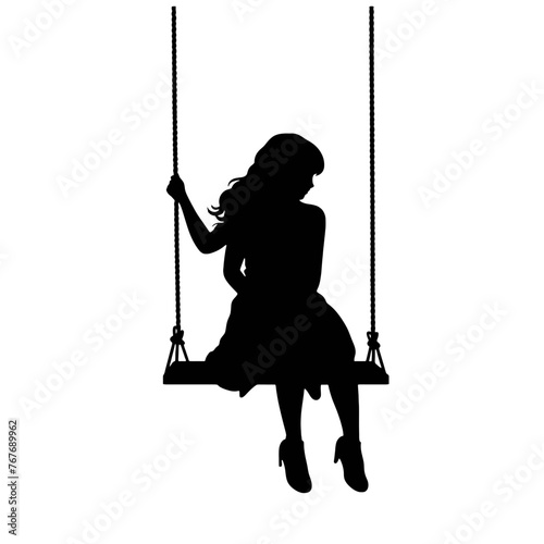 Women swinging on the swing silhouettes set vector illustration.