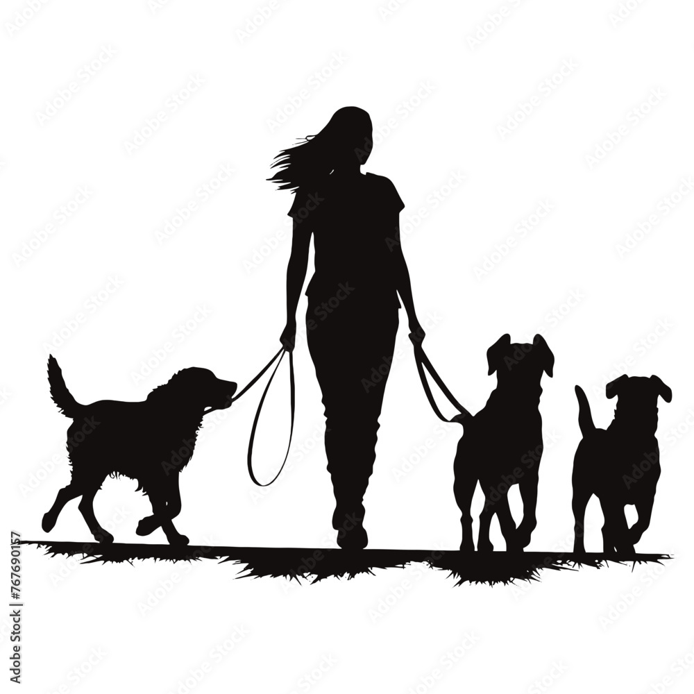 Vector silhouette of women walk with her dogs with leash on white background. Symbol of animal, pet, friends,walk. Vector silhouette of women walk with her dogs with leash on white background. Symbol of animal, pet, friends,walk.