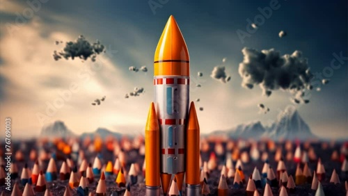 Educational concept background, rocket made up of pencil and sky background, rocket and pencil photo