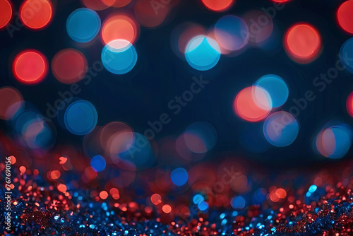Vibrant abstract red, white, and blue glitter background with sparkling bokeh lights. 