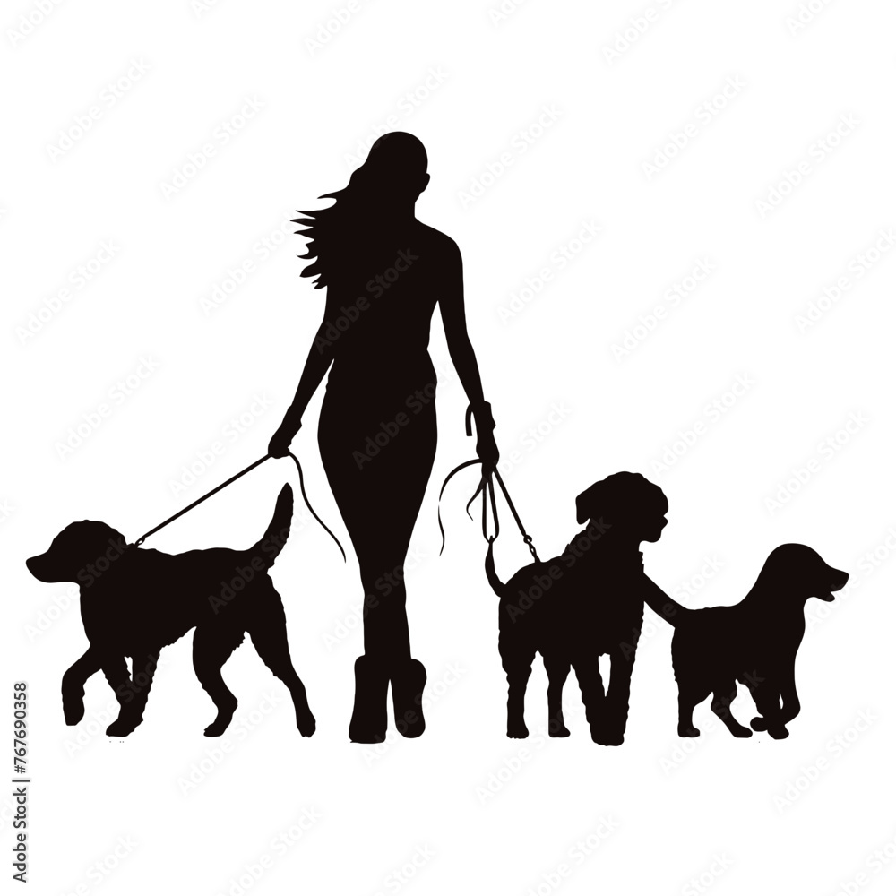 Vector silhouette of women walk with her dogs with leash on white background. Symbol of animal, pet, friends,walk. Vector silhouette of women walk with her dogs with leash on white background. Symbol of animal, pet, friends,walk.