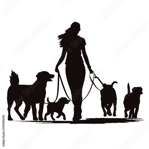 Vector silhouette of women  walk with her dogs with leash on white background. Symbol of animal, pet, friends,walk.