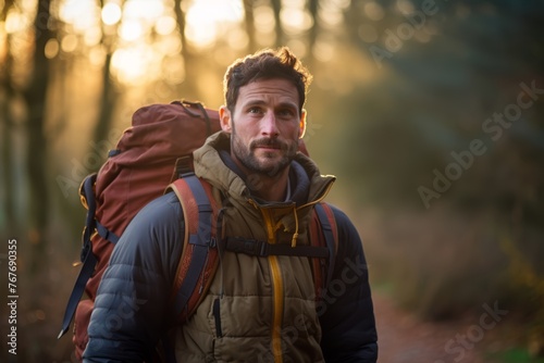  A portrait of a handsome man wearing a weighted rucksack, ready for a rucking session in the early morning light