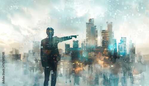 A man pointing to a cityscape with a smoggy haze in the background. Concept of urgency and importance  as if the man is trying to direct someone to a specific location within the city