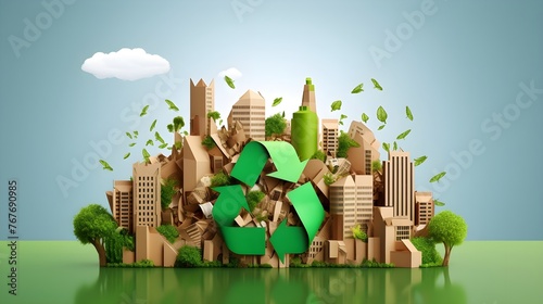 Earth Day concept, green recycle logo, city made of card board, clean and green, planet earth © Mockup Lab