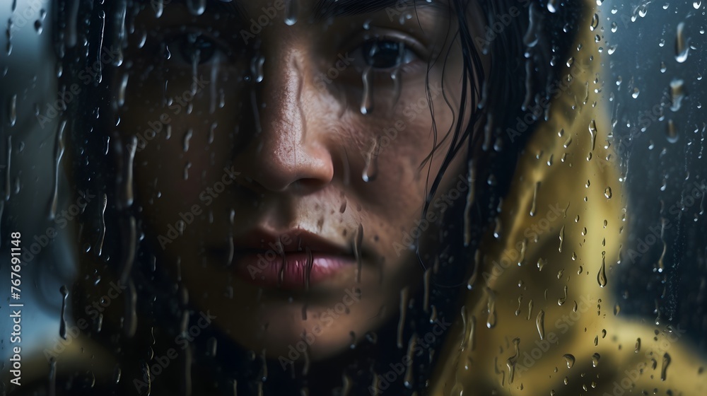Portrait of a beautiful woman with a sad worrisome expression, disappointed in the rain, dramatic lighting 
