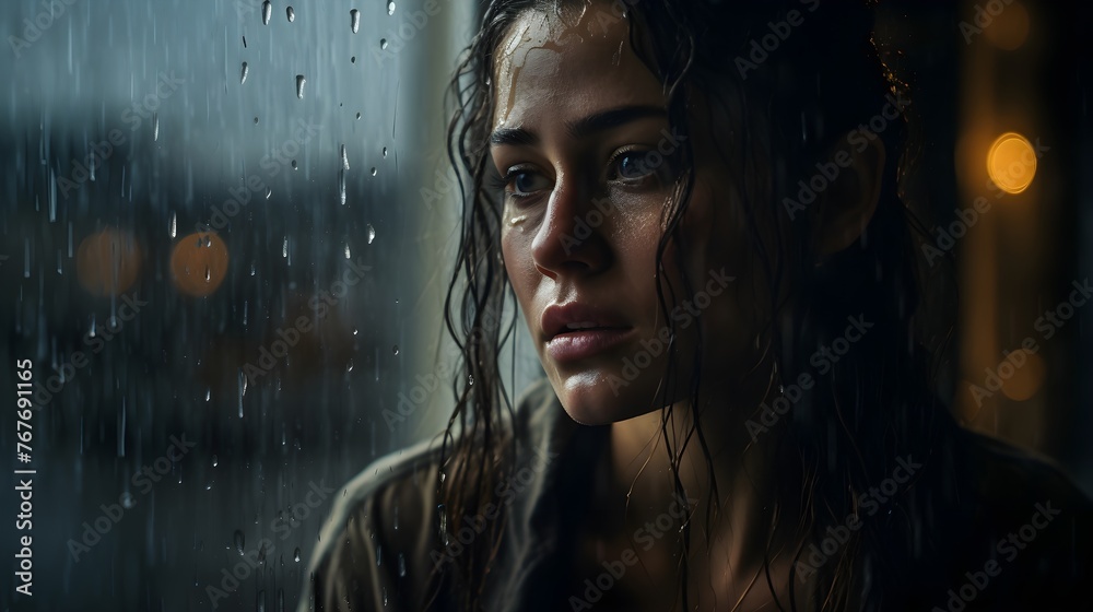 Portrait of a beautiful woman with a sad worrisome expression, disappointed in the rain, dramatic lighting Portrait of a beautiful woman with a sad worrisome expression, disappointed in the rain, dramatic lighting