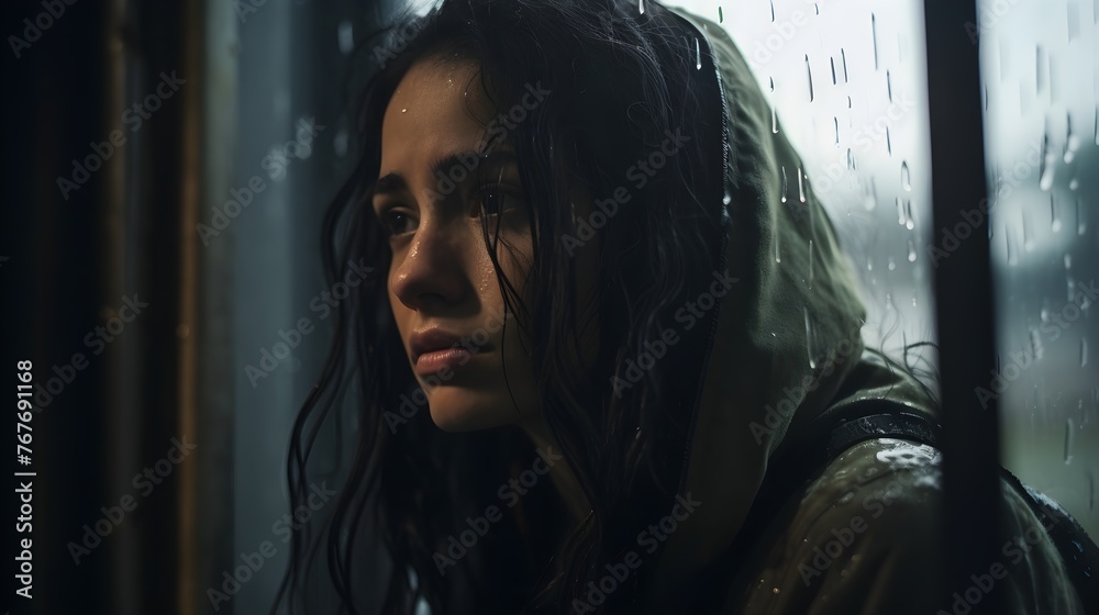 Portrait of a beautiful woman with a sad worrisome expression, disappointed in the rain, dramatic lighting Portrait of a beautiful woman with a sad worrisome expression, disappointed in the rain, dramatic lighting