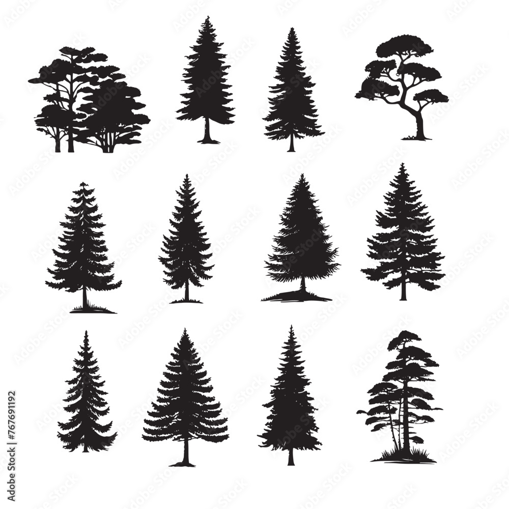 set of silhouettes of trees on white background