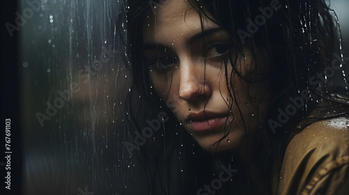 Portrait of a beautiful woman with a sad worrisome expression, disappointed in the rain, dramatic lighting  photo