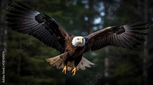 American bald eagle in flight, blurred out forest background, banner, motivation, predator © Mockup Lab