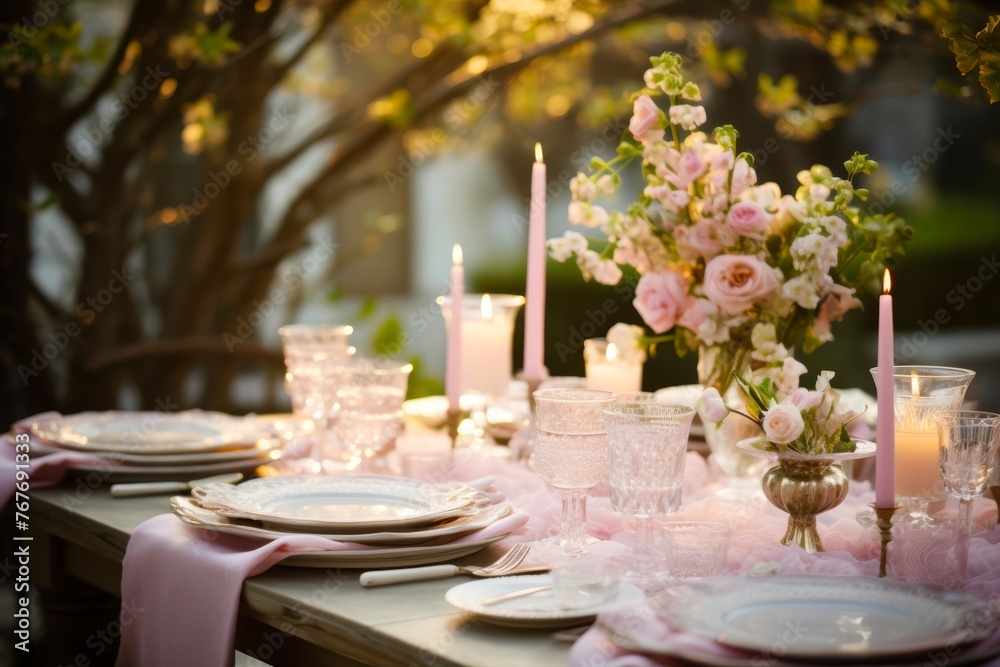 The Coquette aesthetic-inspired outdoor dining area, with a lace-trimmed tablecloth, pastel-colored plates, and crystal glassware, offering a romantic setting for al fresco meals and gatherin