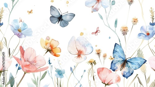 A painting of a field of flowers with butterflies and a blue butterfly. The painting is full of color and has a lively, cheerful mood © Image-Love