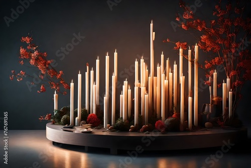 A peaceful arrangement featuring LED candles creating an ambient background, the high-definition camera emphasizing the calming atmosphere and intricate design in vivid