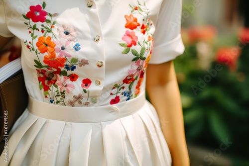 Detalied image of a wedding dress with bright flowers in the pockets and on the collar photo