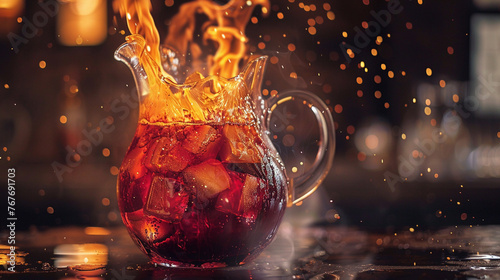 Dynamic splash of iced tea in a pitcher creating a captivating and lively beverage display with flying droplets.