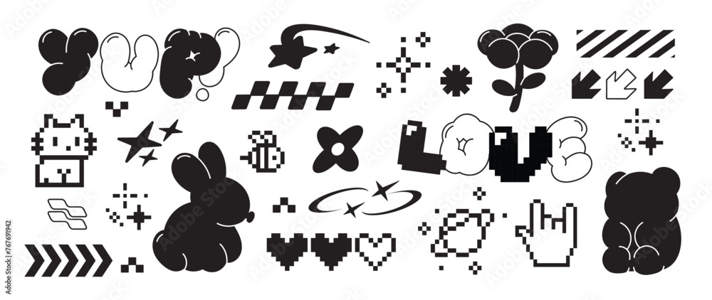 Set of y2k style elements vector. Hand drawn collection of heart pixel, fluffy, flower, rabbit, cat, bee, organic shape in black and white color. Design for print, cartoon, card, decoration, sticker.