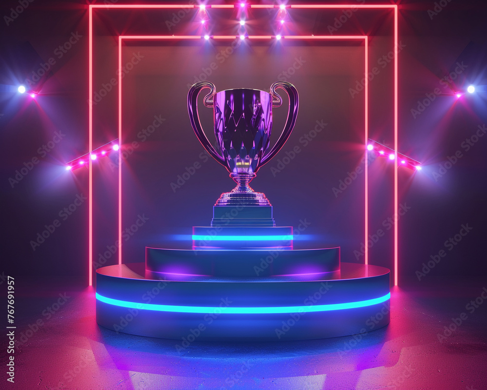 A holographic victory podium with bright, glowing lights illuminating the trophy at its center. 3d render. A holographic victory podium with bright, glowing lights illuminating the trophy at its center. 3d render.