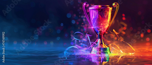 A holographic trophy glowing with a spectrum of colors, reflecting success and achievement. 3d render.
