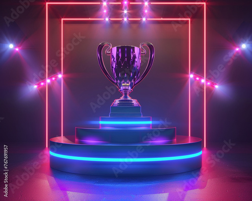 A holographic victory podium with bright, glowing lights illuminating the trophy at its center. 3d render.