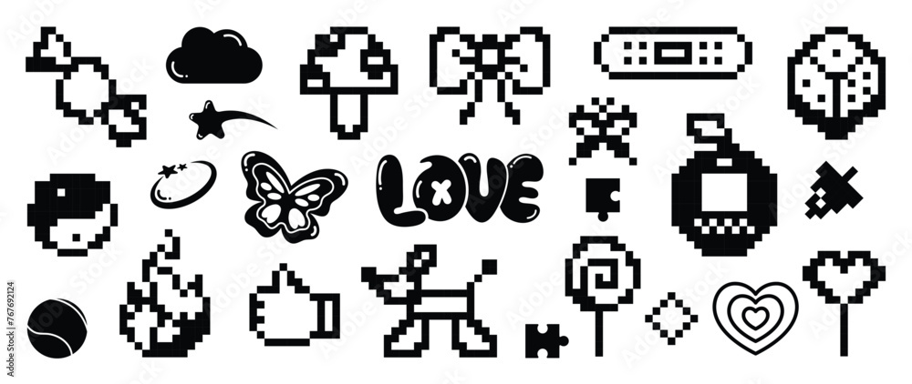 Set of y2k style elements vector. Hand drawn collection of heart pixel, fluffy, flower, dog, butterfly, ribbon, organic shape in black and white color. Design for print, cartoon, decoration, sticker.