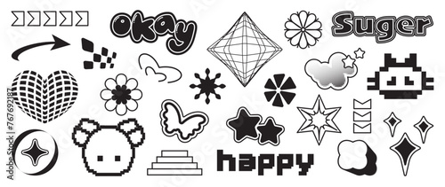 Set of y2k style elements vector. Hand drawn collection of fluffy, flower, butterfly, halftone, arrow, organic shape in black and white color. Design for print, cartoon, decoration, sticker.