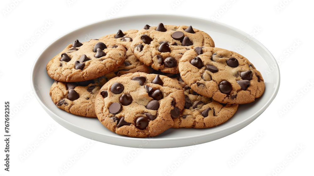 A Plate of Freshly Baked Chocolate Chip Cookies on Transparent Background PNG