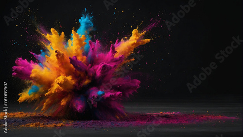 Realistic explosion Holi festival black background without any text. generative AI