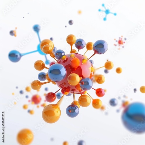 Radioactive decay process, atomic particles, 3D visualization, white photo