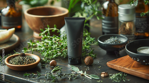 Mockup for a skincare tube with a backdrop of herbal elements high in magnesium, wellness-focused cosmetic branding