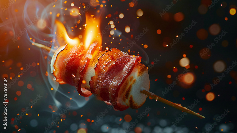 Sizzling bacon strips wrapped around a marshmallow, 3d render. Sizzling bacon strips wrapped around a marshmallow, 3d render.