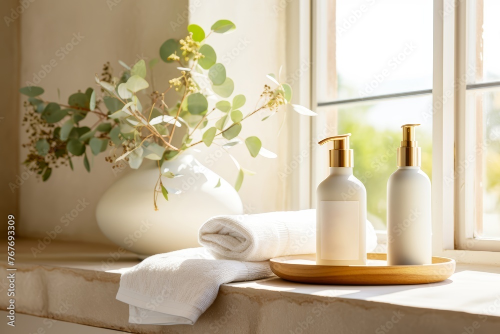 A serene bathroom setting with Waterless Self Care essentials, emphasizing the eco-conscious lifestyle.