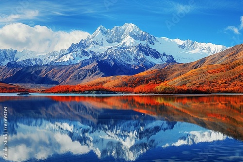 A panoramic view of a snow capped mountain range reflected in the crystal clear waters of a glacial lake surrounded by vibrant autumn foliage Background for computer