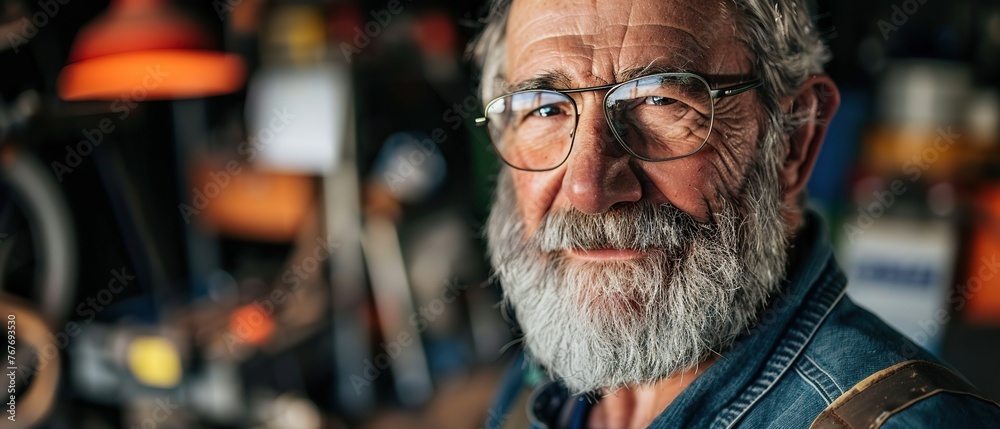 A man with a beard and glasses is standing in a garage. He is smiling and looking at the camera