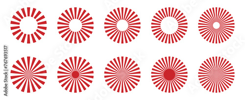 Set of red radial patterns – Simple red radial stripes – Set of isolated sunbursts on a white background