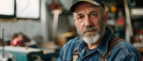 A man with a beard and a blue hat is sitting in a workshop