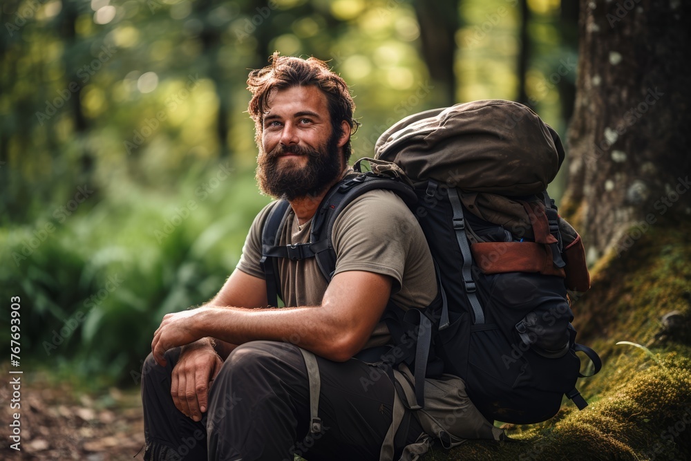 A rucking enthusiast taking a break, with the weighted rucksack beside them on a scenic trail A rucking enthusiast taking a break, with the weighted rucksack beside them on a scenic trail