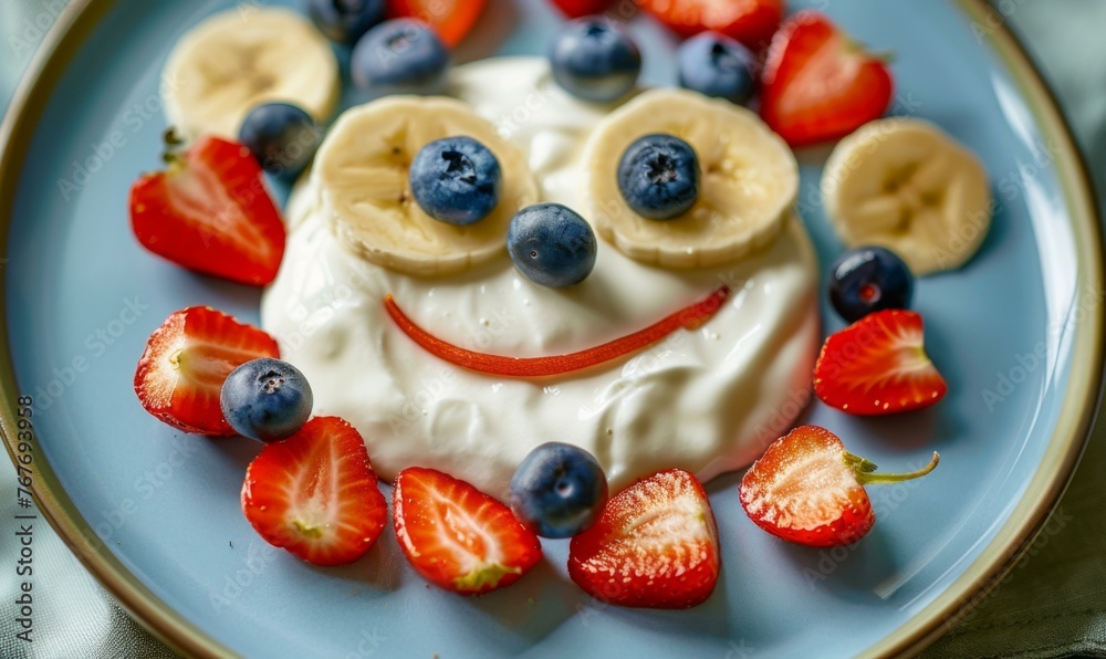 A plate with a smiley face made of fruit and yogurt. Generative AI.