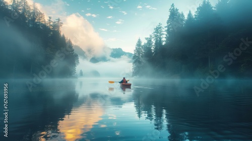 A person in a canoe on the water with misty trees. Generative AI.