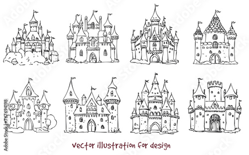 vector sketch set of European medieval castles