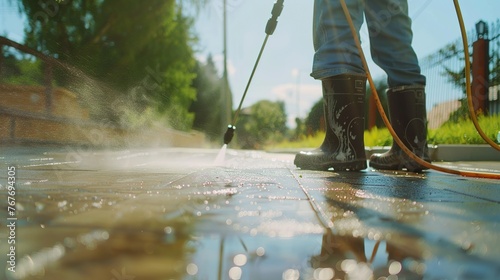 A man is cleaning a sidewalk with a pressure washer. The sidewalk is wet and the man is wearing boots